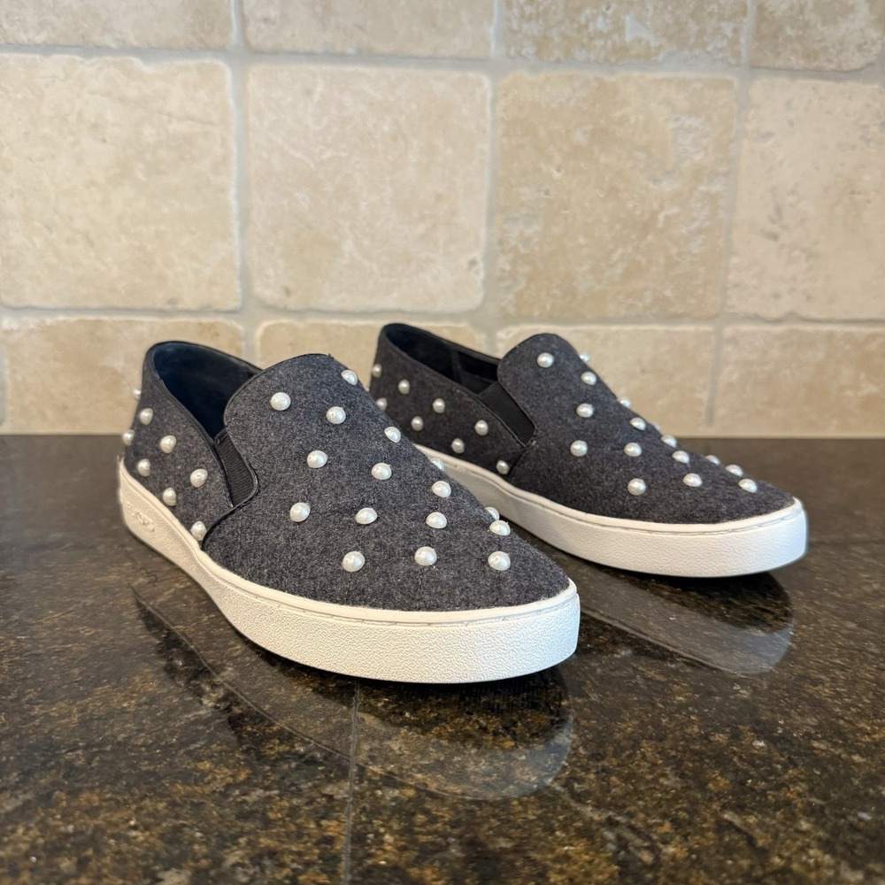 Michael Kors Grey Wool Pearl-Embellished Slip-On Sneakers